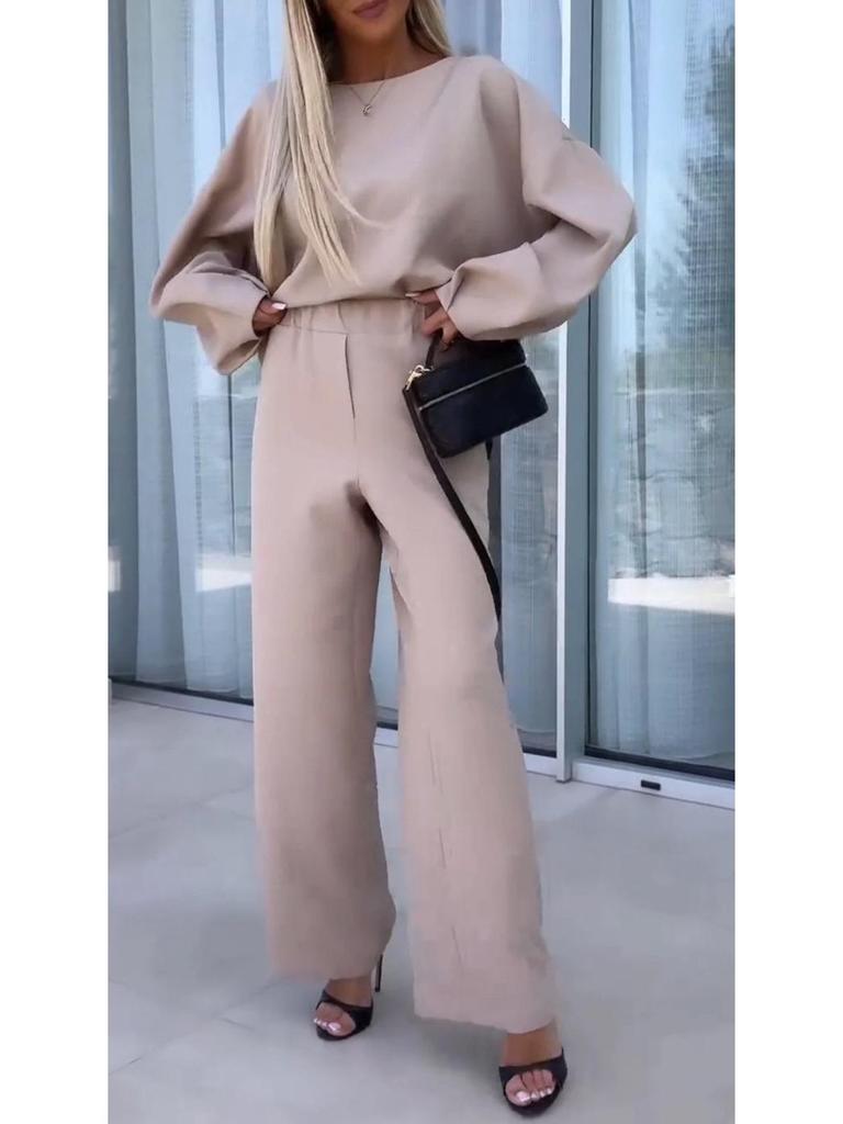 Autumn 2025 Women's Solid Color Round Neck Two-Piece Set with Long Sleeve Top & Elastic Waist Pants