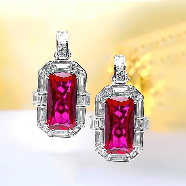 Luxury Red Corundum Pendant with High-Carbon Diamond & Blue Spinel Ring Stud Earrings Gemstone Set for Women