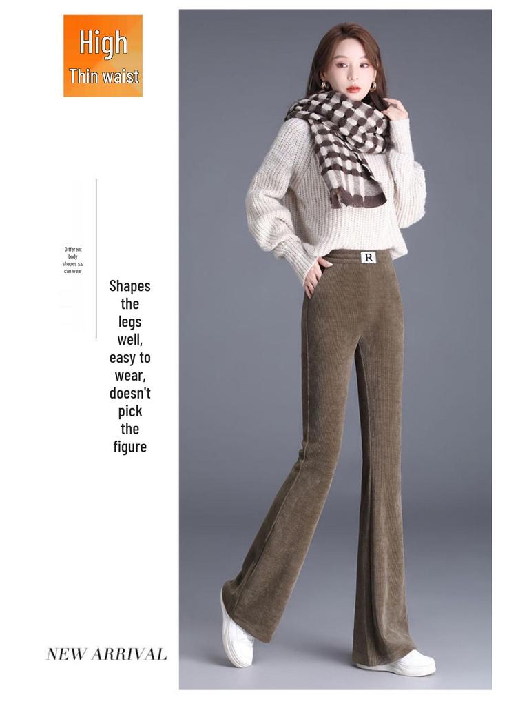 Damskie spodnie sztruksowe z wysokim stanem i aksamitną podszewką – Rozmiar plus, Luźne, Wyszczuplające, Lekko rozszerzane, Długie spodnie na jesień/zimę.