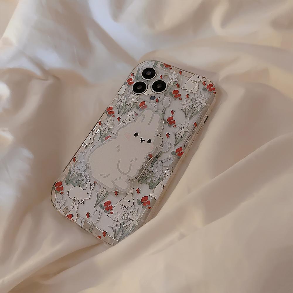 Korean Flower Rabbit Suitable for Iphone13 Apple 14 Mobile Phone Case 11 Cute Girl 15pro Max Bracket 16 Transparent