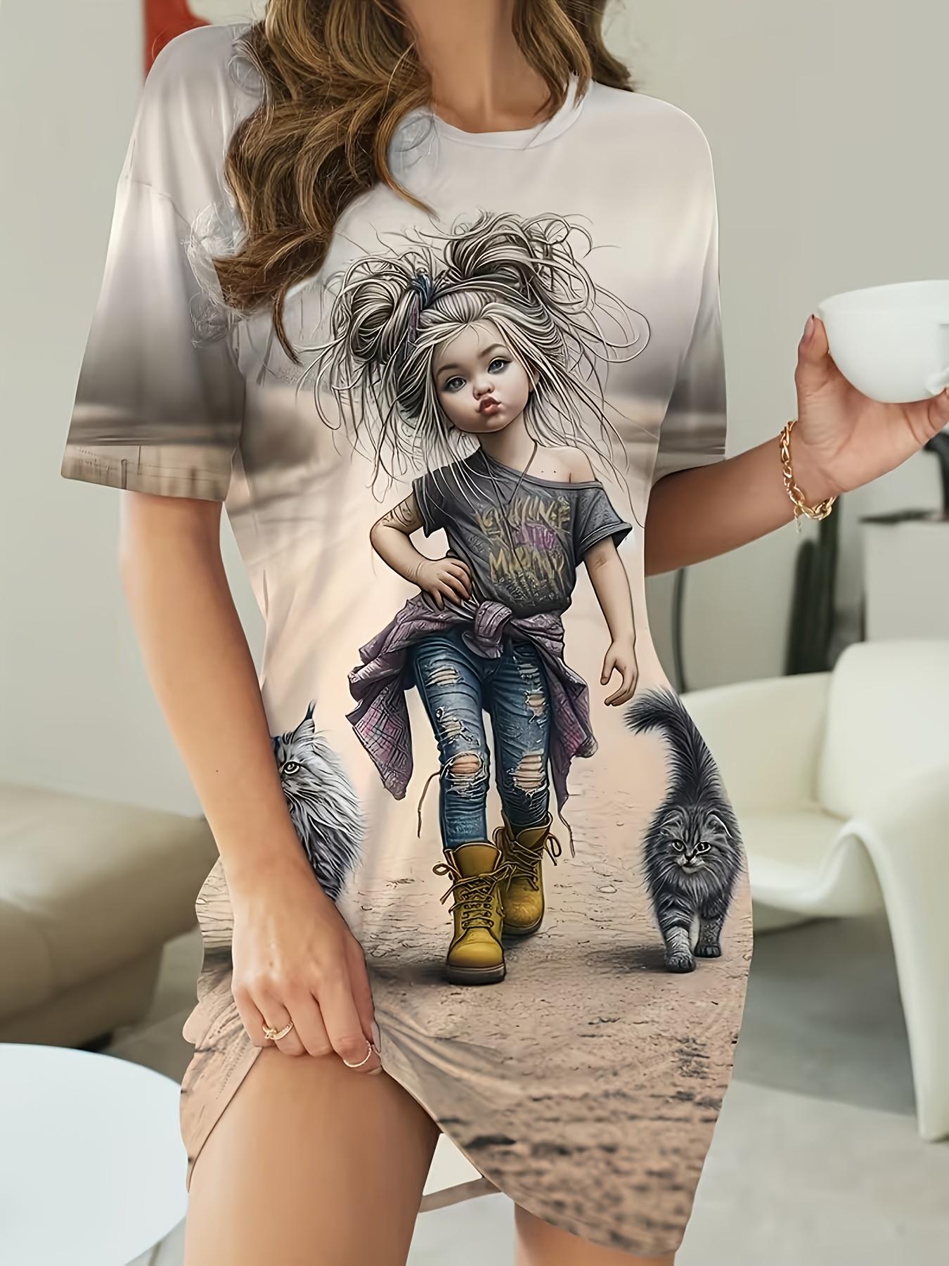 

Women S Casual Round-Neck Long T-Shirt Pajamas. Trendy Cat Print Short-Sleeve Nightgown Loungewear L дубильная кора