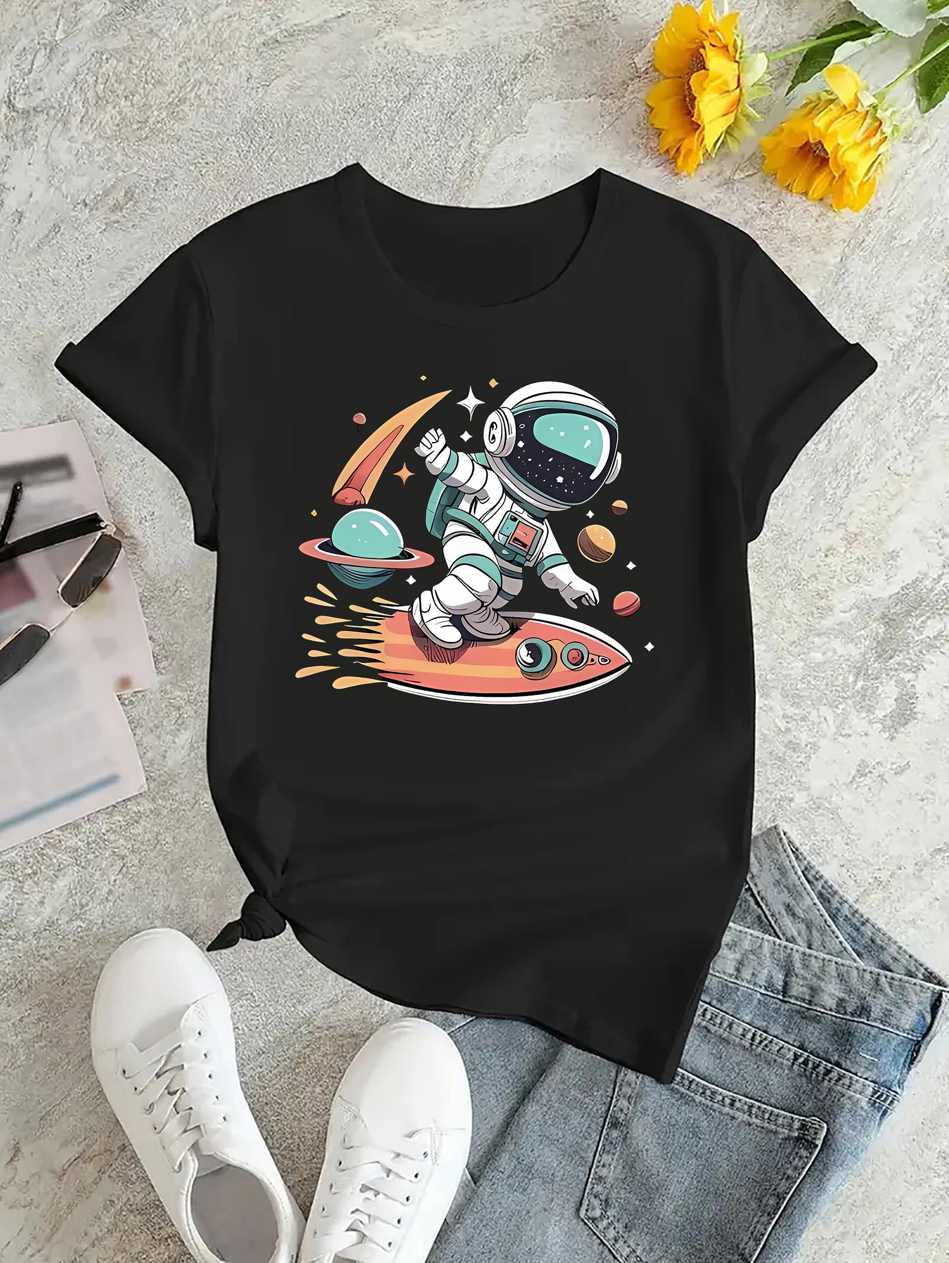 Womens Casual Short Sleeve TShirt with Astronaut Surfing Space Graphic Print Soft Round Neck Summer Top for Casual Clothing S