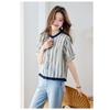 Womens Striped Cotton Blouse Casual Stand Collar Short Puff Sleeve Button Up Shirt
