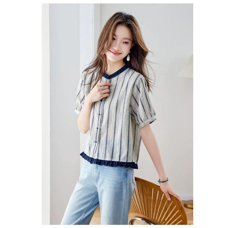 Womens Striped Cotton Blouse Casual Stand Collar Short Puff Sleeve Button Up Shirt