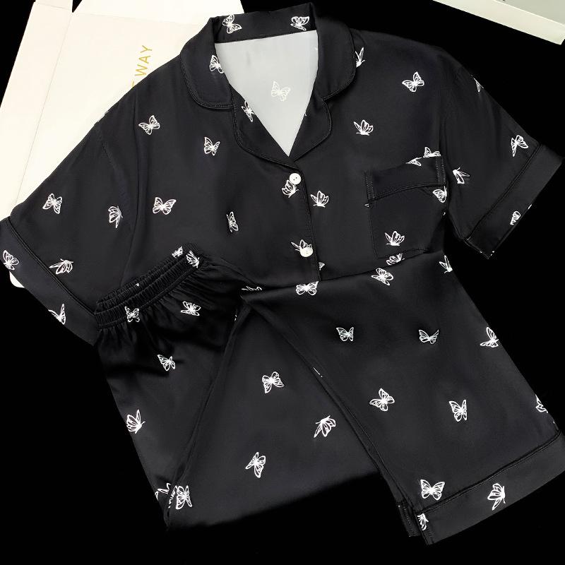 Silver Butterfly Print Pajamas Summer Cool Ice Silk Short Sleeves Trousers Student Dormitory Set