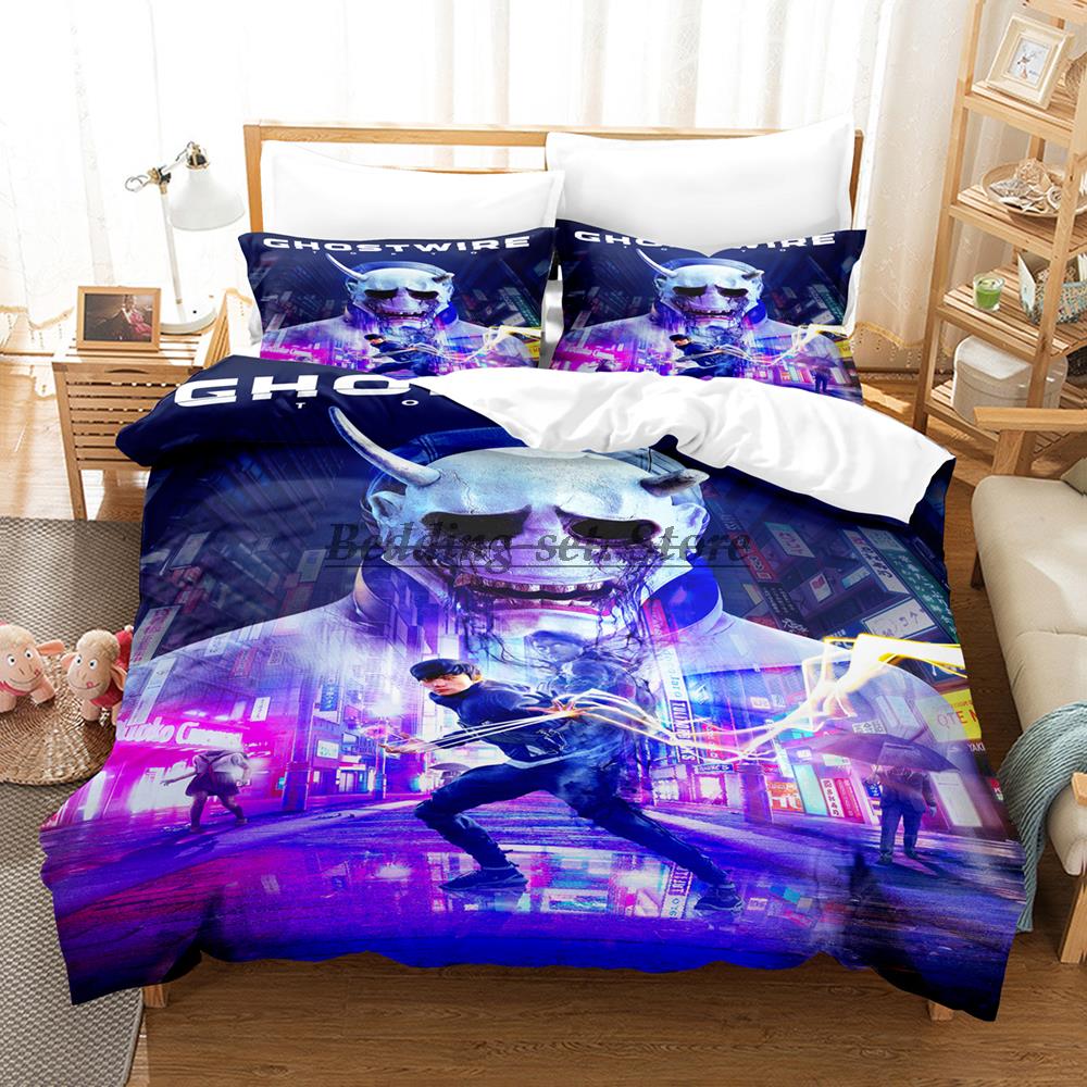 GhostwireTokyo Bedding Set Single Twin Full Queen King Size Bed Set Aldult Kid Bedroom Duvetcover Sets 2023 Anime Bed Sheet Set