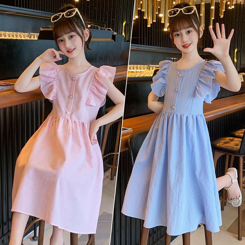 Children's New Summer Cotton Pastoral Style Dress Plaid Fragrance Style Flying Sleeves and Flying Edge Princess Long Skirt