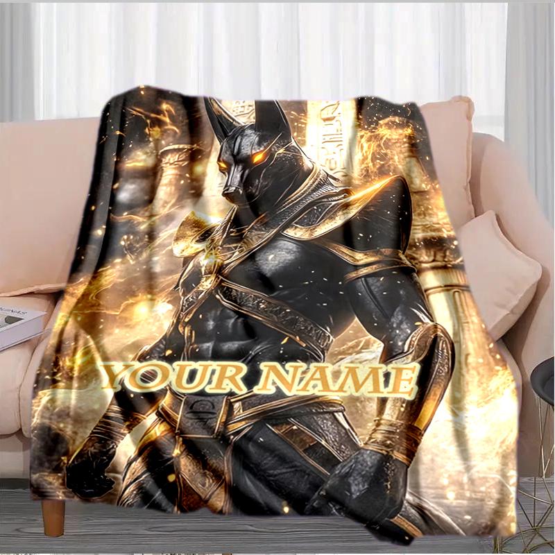 1PC Custom Name Anubis Golden Guardian flannel blanket versatile, all-season throw suitable for the living room, bedroom, camping, travel, and gift