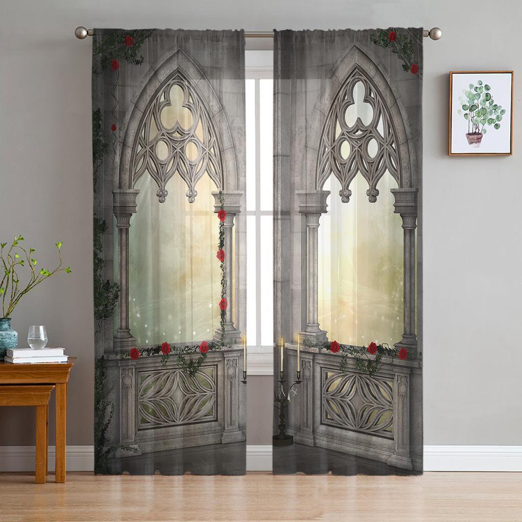 Classical Palace Flower Chiffon Sheer Curtains for Living Room Bedroom Home Decoration Window Voile Tulle Curtain Drapes