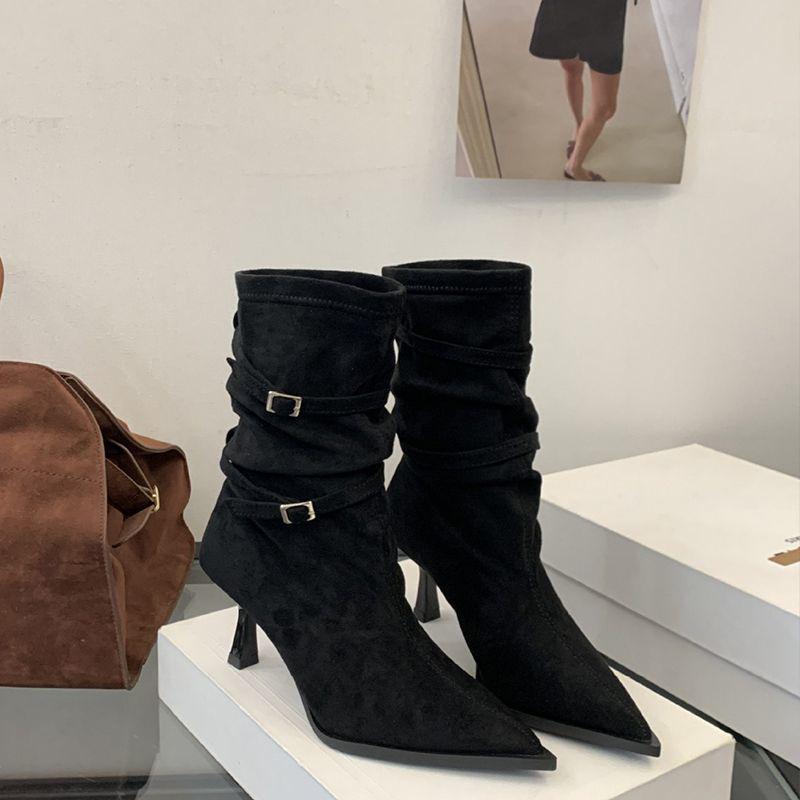 

Винтажные ботильоны-стилет с драпировкой: Черные замшевые туфли-лодочки с острым носком и высоким каблуком в западном стиле для женщин 40