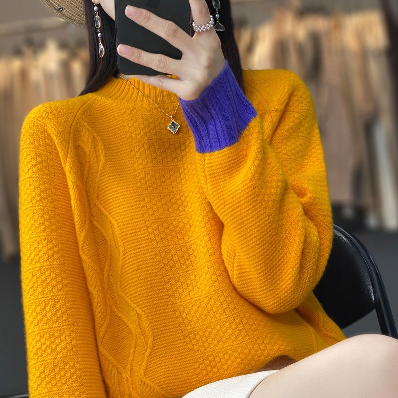 Women's Color-Block Knit Wool Sweater: Slimming, Thick, Round Neck Base Layer for Autumn and Winter
