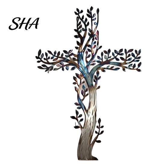 Layered Tree Wall Sculpture Metal Cross Art, of Life Hanging Crosses 3D Branch Art Decor, for Garden Living Room Bedroom Of Decor M