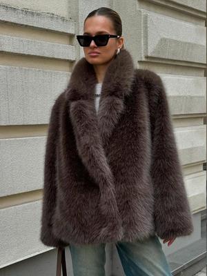 Eco-friendly Faux Fox Fur Coat for Women - Brown, Medium Long with Suit Collar