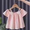 Summer Kids Cute Printing T-shirts Girls Off Shoulder Sling Loose Short Sleeve Star T-Shirt Baby Shirt Solid Color Top