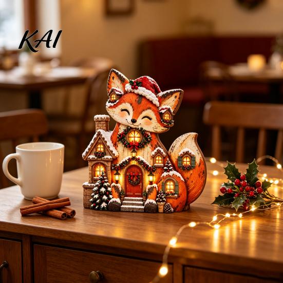 Indoor Xmas Ornaments Christmas Wooden Fox Village House Table Ornament, Wood Block Tabletop Holiday Gift for Friends Centerpiece Farmhouse
