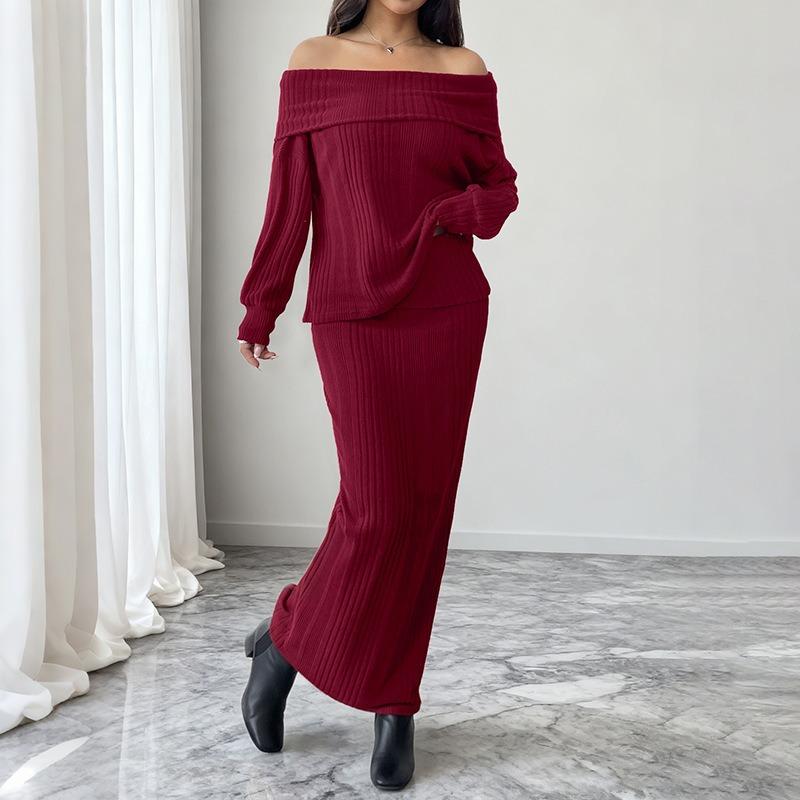 Women's Fashion Casual Solid Color Print Autumn Winter Long Sleeve One Shoulder Skirt Suits