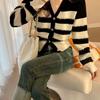 Autumn Striped V-neck Knitted Cardigan Jacket Chic Short Tops Design Sense Niche Female Comfortable Versatile and Fashionable