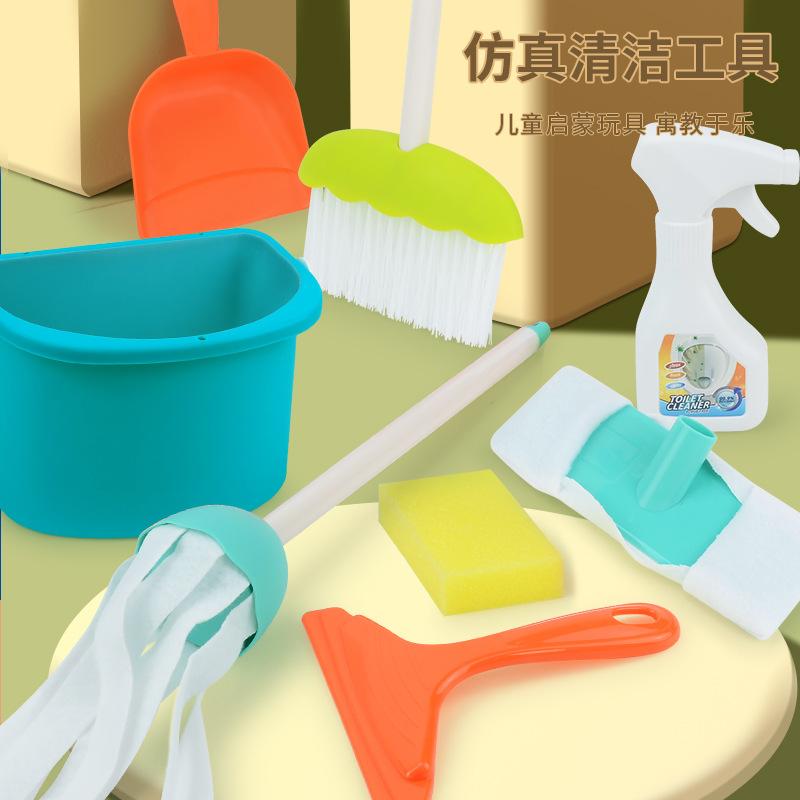 Set Instrumente Curățare Căsuță de Joacă pentru Copii Mop Mătură Curățare Combinație Jucărie din Plastic