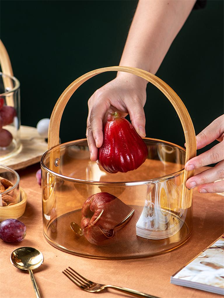 Přenosná průhledná skleněná mísa na ovoce | Kbelík na ledové víno | Salátová mísa | Koš na svačinu s dřevěnou rukojetí