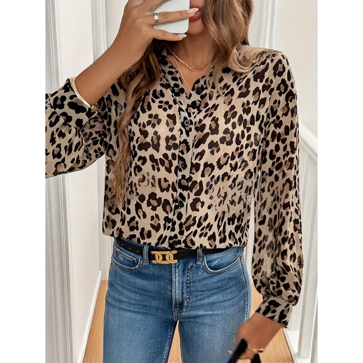 

New Women s Elegant Leopard Print Long Sleeve Loose Shirt Blouse Top for European American Crossborder S