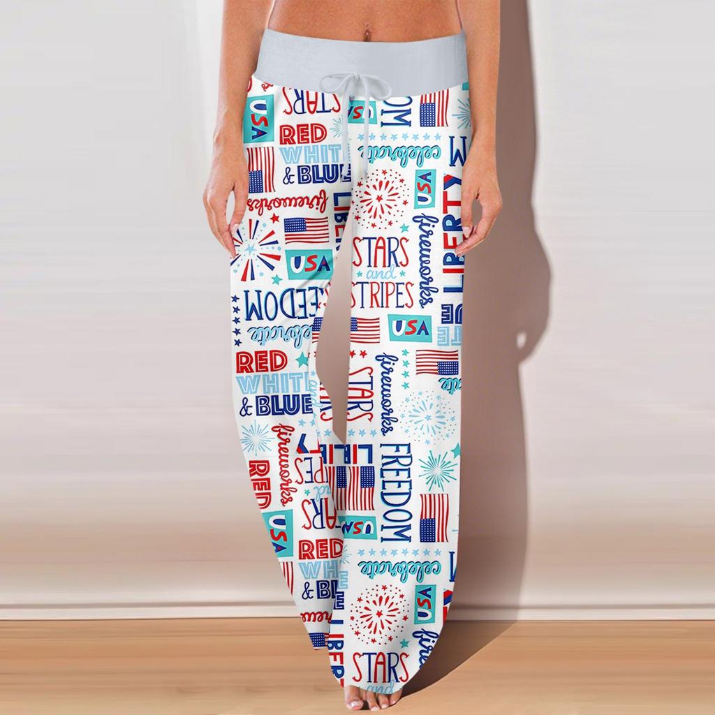 Damen Casual Sporthose mit Retro-Prints, perfekt für den Unabhängigkeitstag, mit Taschen und langer Länge.