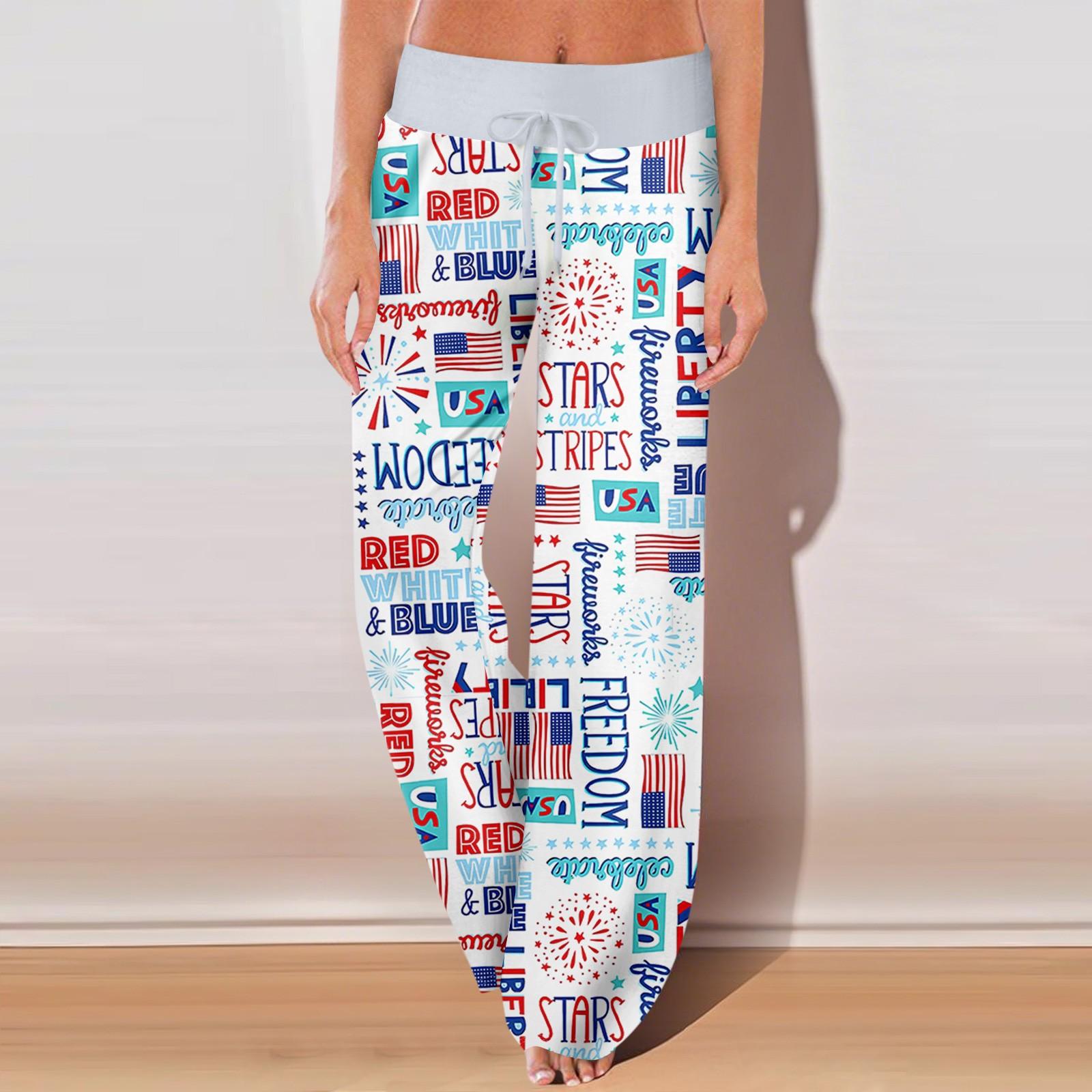 

Женские повседневные спортивные брюки с ретро-принтами, идеально подходящие для Дня независимости, с карманами и удлиненной длиной. M тёмно-синий