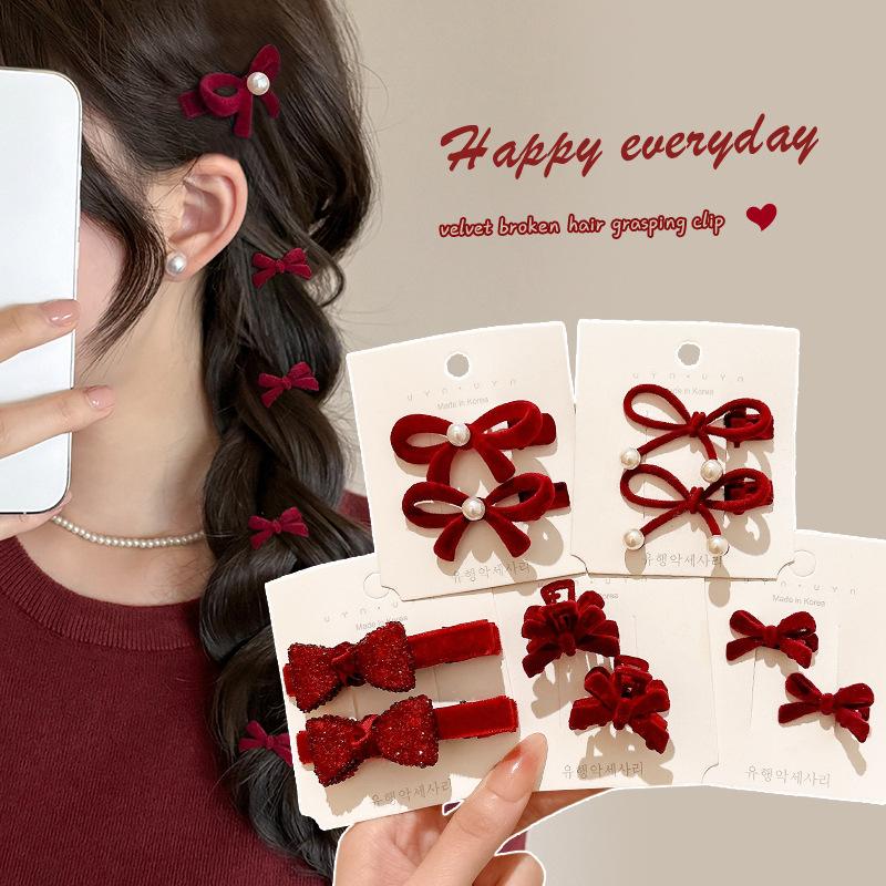 2 Stück Neujahr Rote Schleife Haarspange für Frauen Niedliche Kleine Perle Seitenclip Schleife Haarnadel Mädchen Party Kopfschmuck Haarschmuck