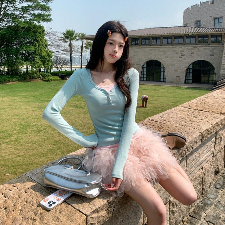 Pure desire style fake two-piece lace long-sleeved t-shirt women's early spring Korean slim-fit short Spice Girl bottoming shirt top