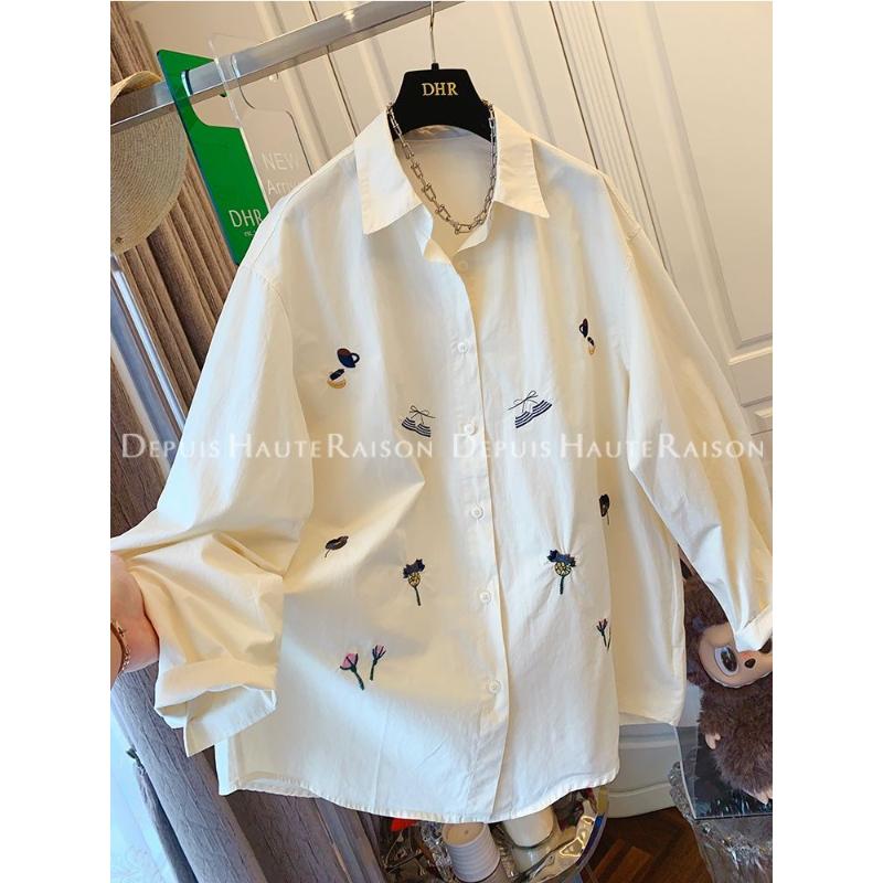 

Вышитая женская рубашка с длинным рукавом на осень, свободная и универсальная, с отделкой, воротником поло на пуговицах, модный топ L абрикосовый