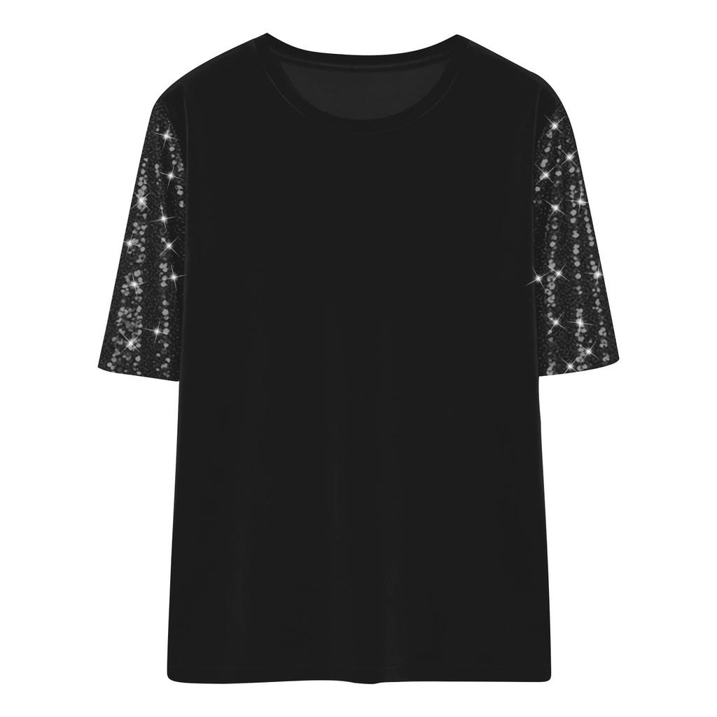 Women's Fashion Casual Round Neck Short Sleeve Patchwork Sequined Top