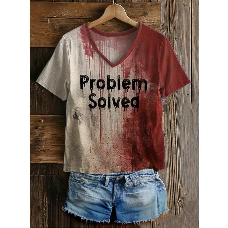 Women s T Shirt Bloodstain Graphic Letter Vintage Stylish Classic Short Sleeve V Neck Regular Tops S