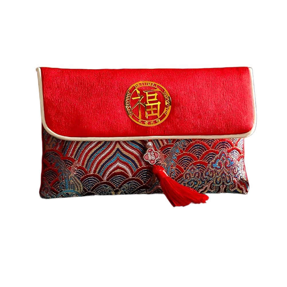 

Hand Sewn Embroidered Red Envelope Bag Brocade Cloth 11x18 cm Fu Character Motif Fabric Pouch for New Year Offering Blessings
