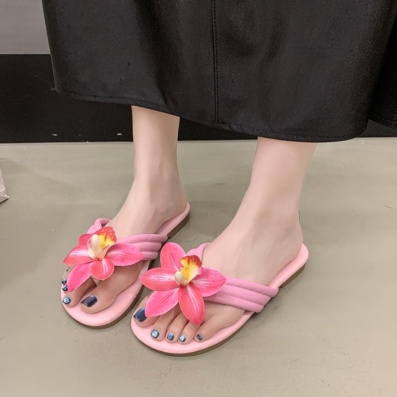 Flat Bottom Phalaenopsis Flip Flops Summer New Round Head Clip Toes Soft Bottom Non-Slip Low Heel Beach Cool Mopping