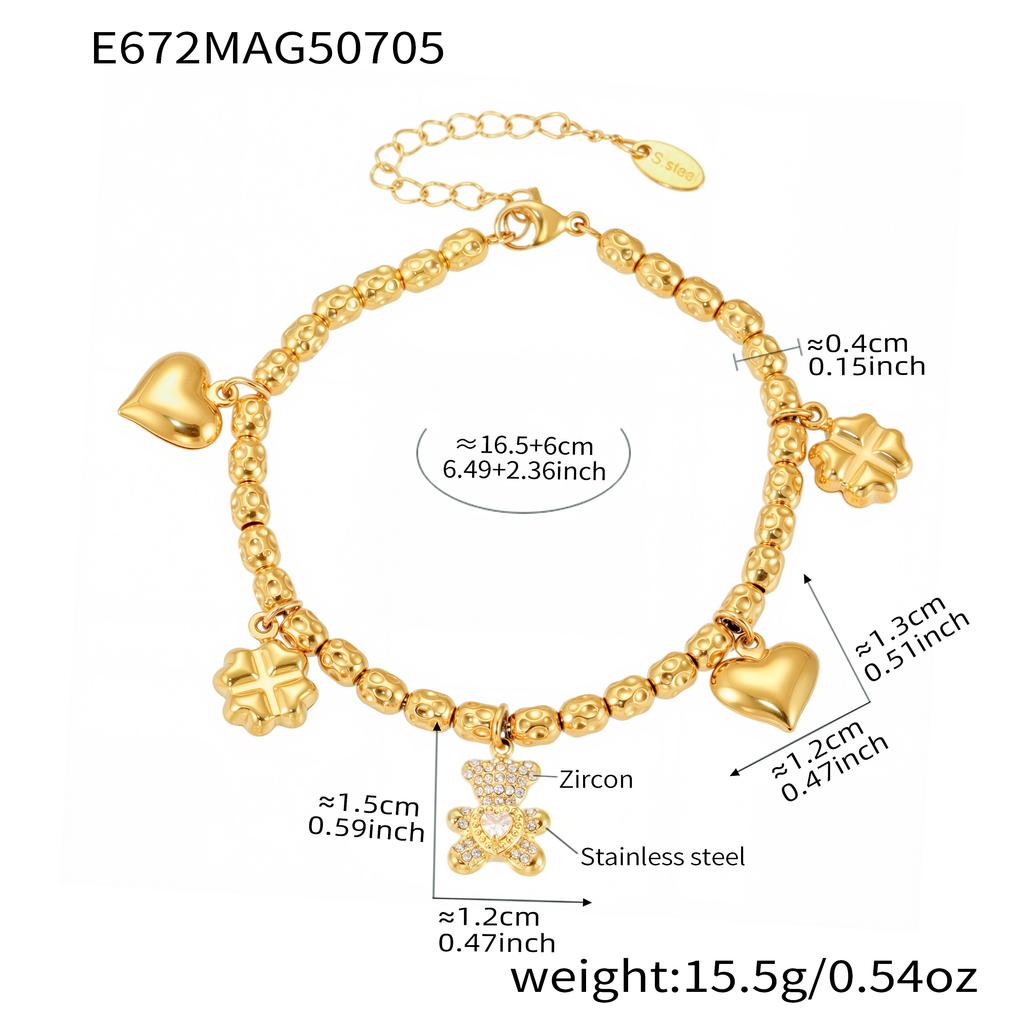 Heart Bear Charms Bracelet In Stainless Steel 18k Gold Plated Waterproof Non Tarnish Chain Bracelets With Pendants For Women