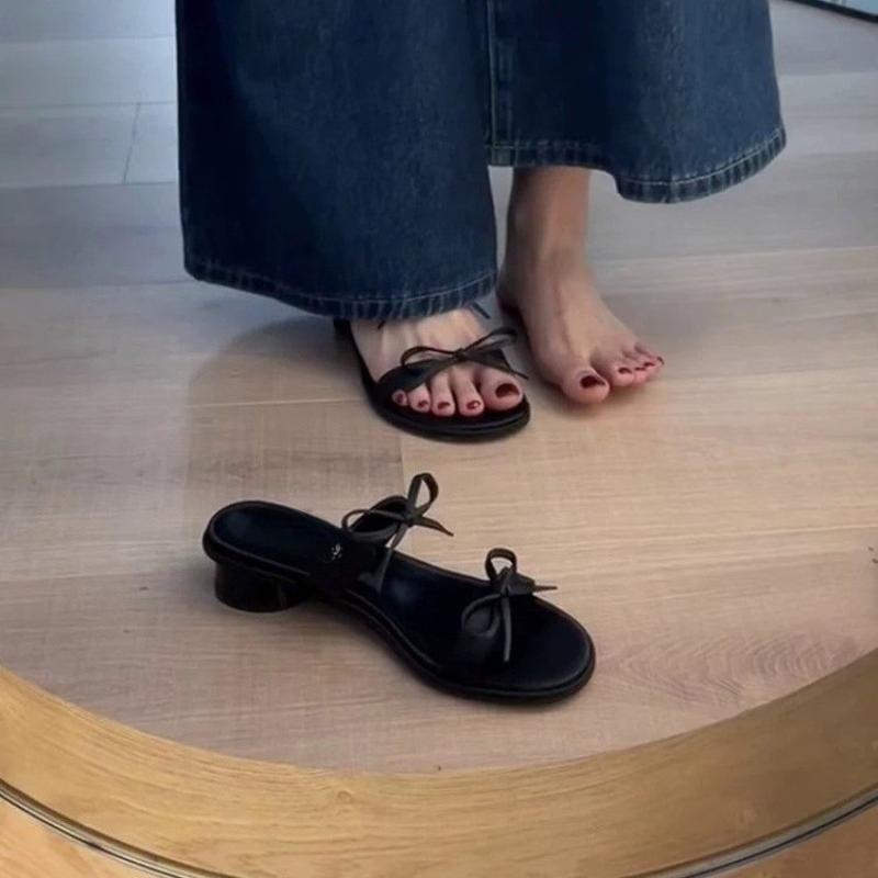 Fashion French Bow Block Heel Sandals and Slippers for Women with Skirt Open Toe Non-slip Flip Slippers for Outward Wear