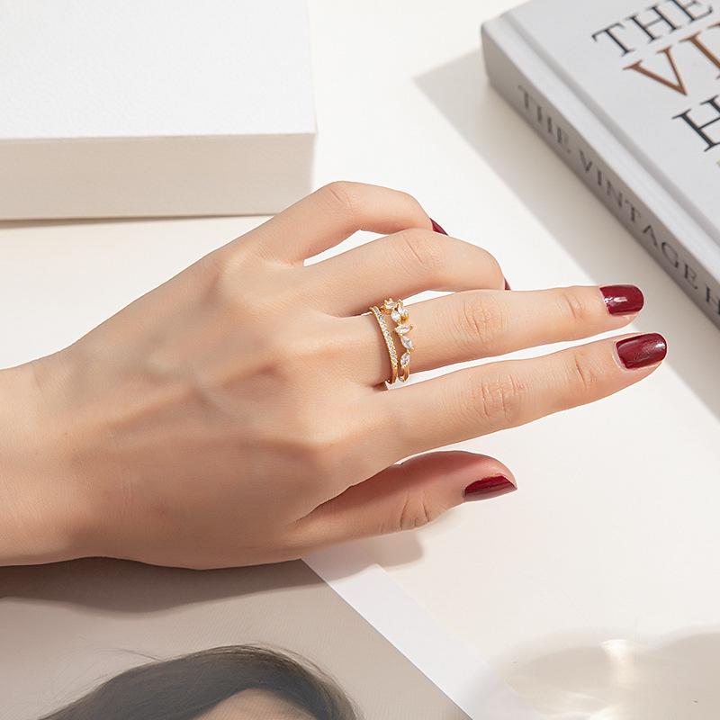 Elegant Double Layer Zirconia Flower Ring for Women - Adjustable Open Band, Artistic Design for Index Finger.