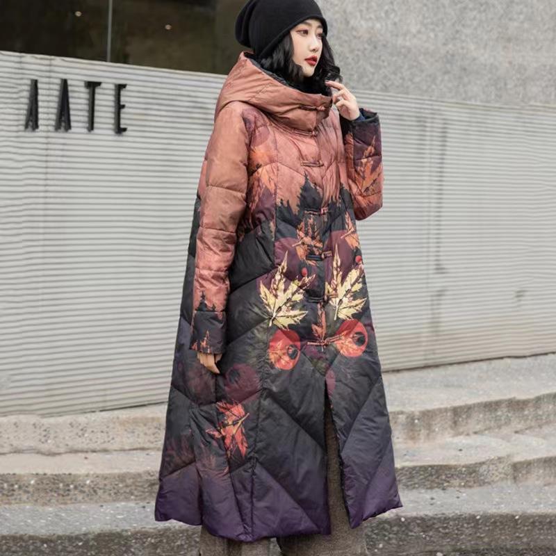 Autumn and winter new Chinese style retro buckle hooded down jacket medium and long knee white duck down fashion coat