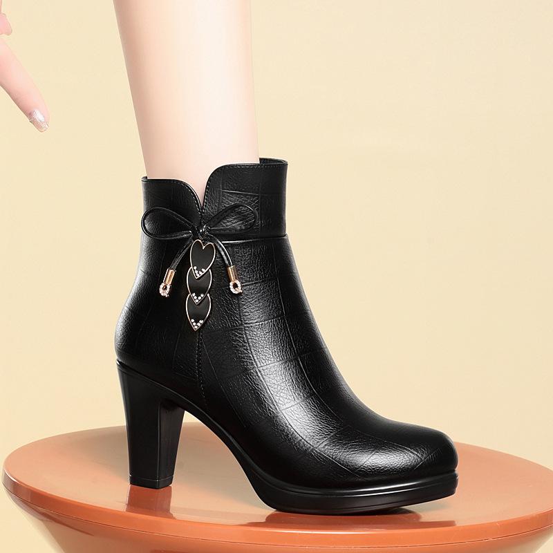 6cm 8cm Elegant Comfortable Soft Leather Plush Motorcycle Boots Winter 2025 Block High Heels Shoes Warm Ankle Boots for Office