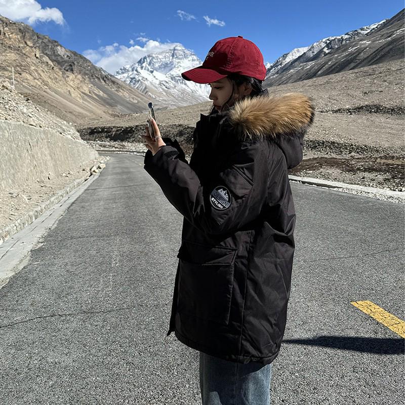 

Зимняя куртка-пуховик для пары с меховым воротником, повседневного свободного кроя - Модная парка для работы XL [130-150] чёрный