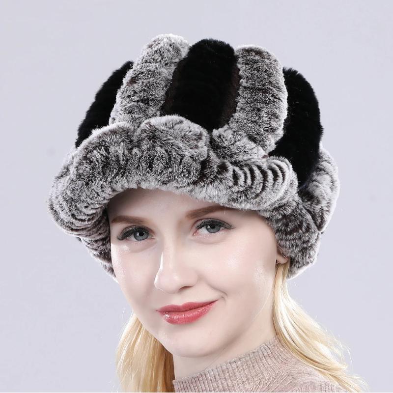 Lady Real Rex Rabbit Fur Hat Winter Knitted Natural Rex Rabbit Fur Caps Russia Women Warm Real Fur Beanies Hats