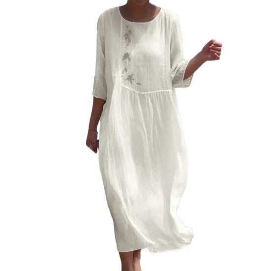 Damen Frühling Herbst Kleid Blumenstickerei Rundhalsausschnitt Dreiviertelarm Locker Midikalb