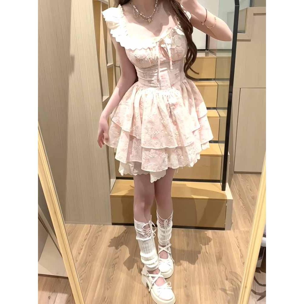 South Korea Dongdaemun summer sweet waist thin new small flying sleeves lady sweet French floral dress women