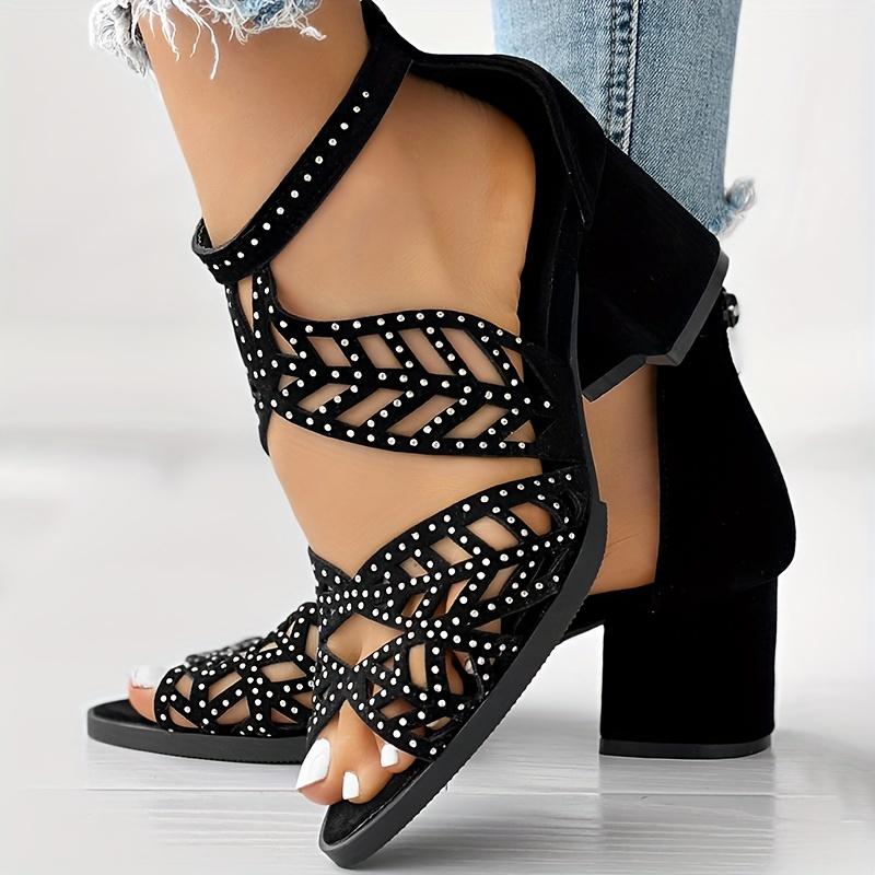 Women's Boho Hollow Out Block Heels, Peep Toe Back Zipper Low Heel Sandals, Fashion Dress Heels
