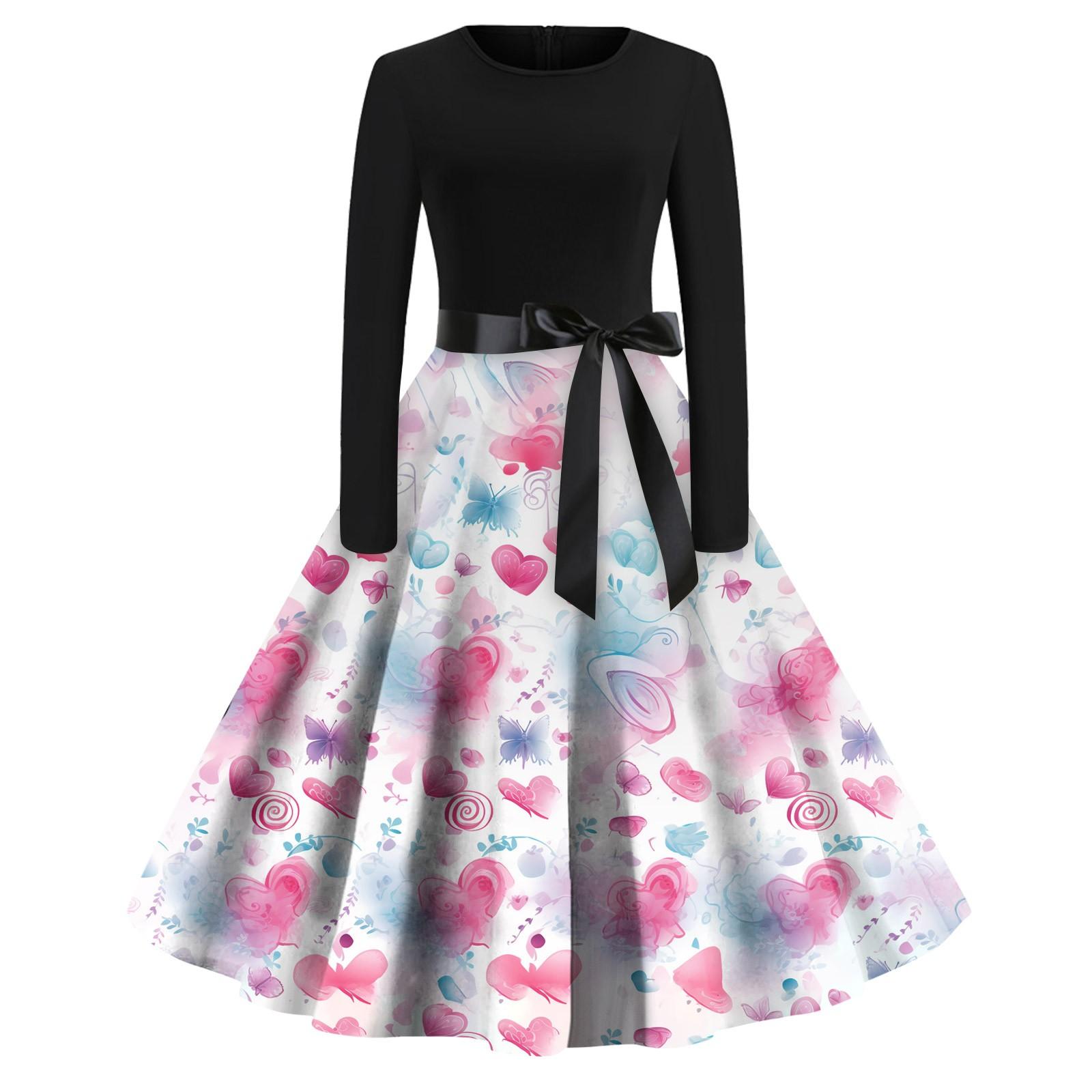 

Женское платье с круглым вырезом и большим подолом, плиссированная юбка с длинными рукавами, платье XXL