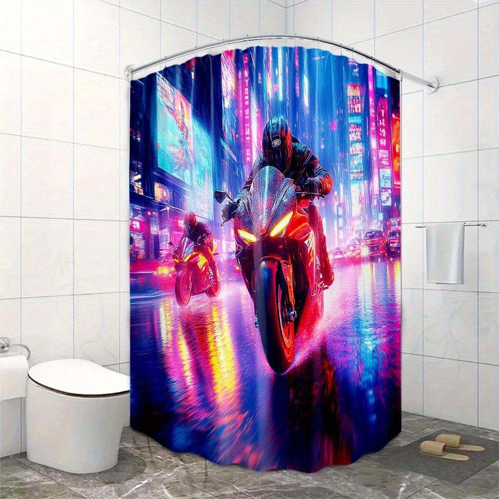 Neon Motorcycle Race Waterproof Mildew-Resistant Shower Curtain - Futuristic Design for an Exciting Bathroom Décor Experience