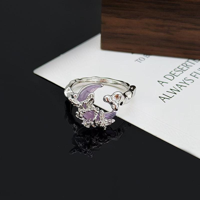 Sweet And Cool Purple Moon Flower Opening Ring Fashion High-End Niche Design Exquisite Light Luxury Ring Woman