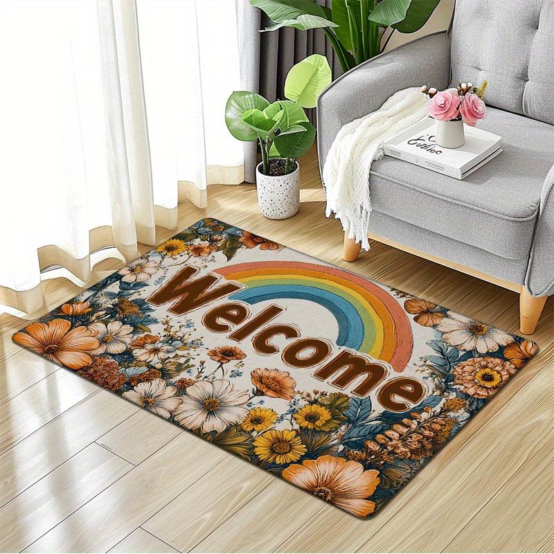 1pc Flannel Thickened 0.47inch Pastoral Rainbow Style Entrance Door Mat, Vintage Flower Decoration Welcome Door Mat, Non-slip Ca