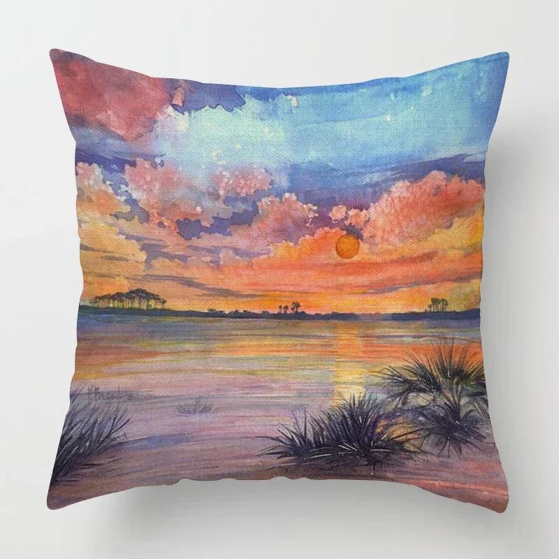 Beach landscape pattern throw pillow cover with short plush print for living room sofa decoration cushion cover pillow covers