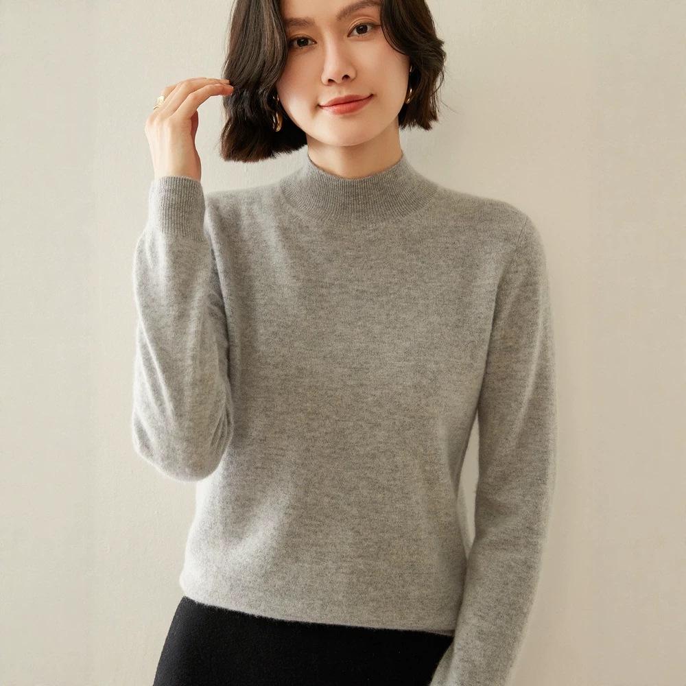 Women's Loose Fit Cashmere Half-High Neck Sweater - Soft, Classic Autumn/Winter Knit Base Layer