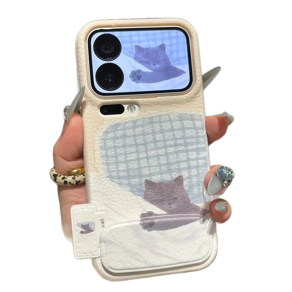 Sleeping kitten is suitable for Apple 17pro mobile phone case 16proma x13p imitation leather 12pro cartoon personality 11